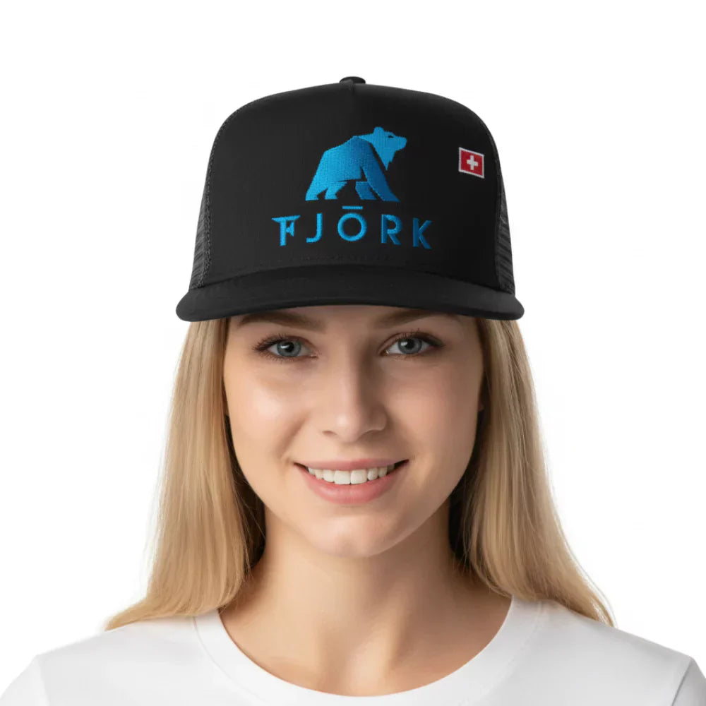 Trucker kšiltovka, barva černá a tyrkysová, Fjork Merino